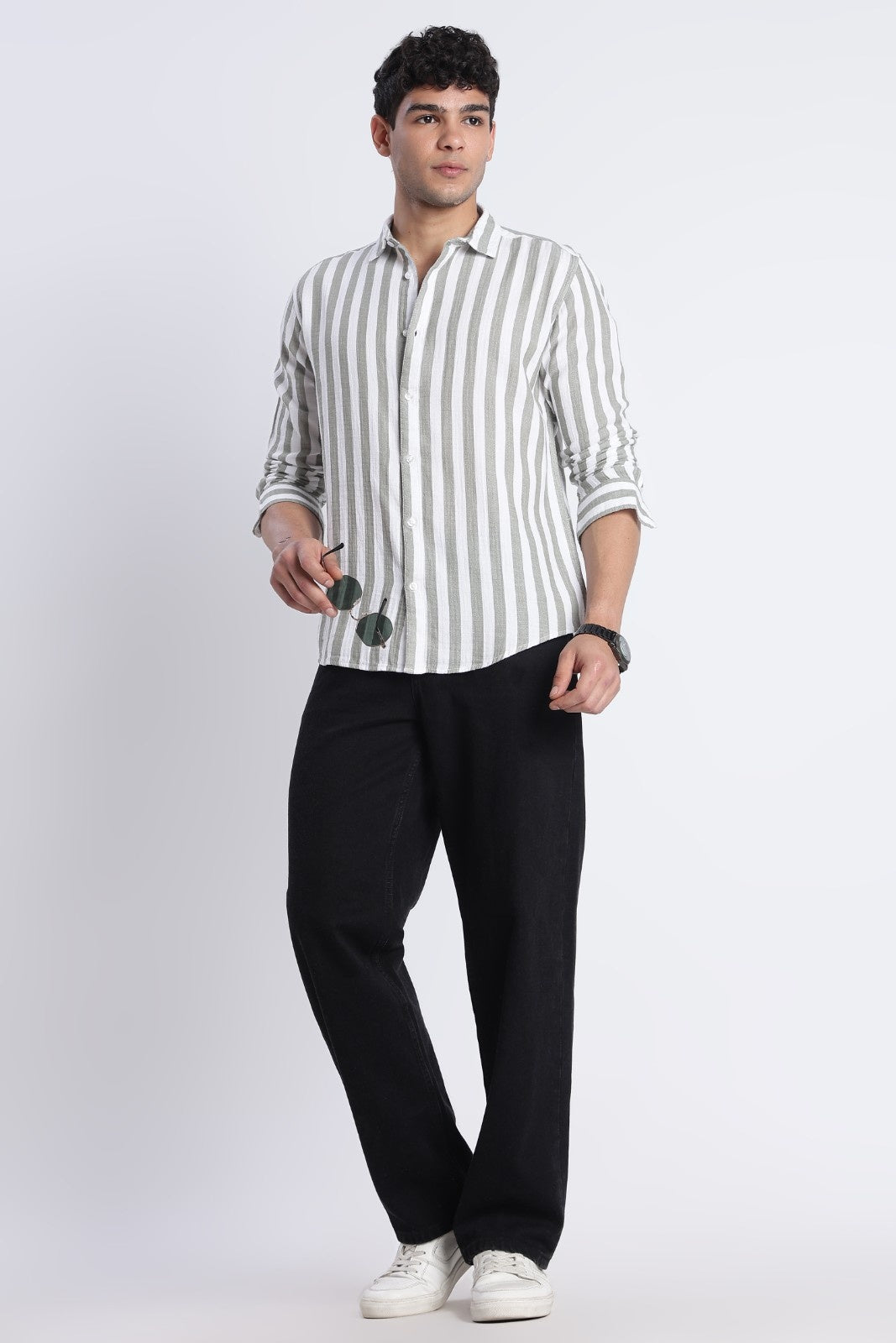 Sage Green Stripe Double Cloth Shirt