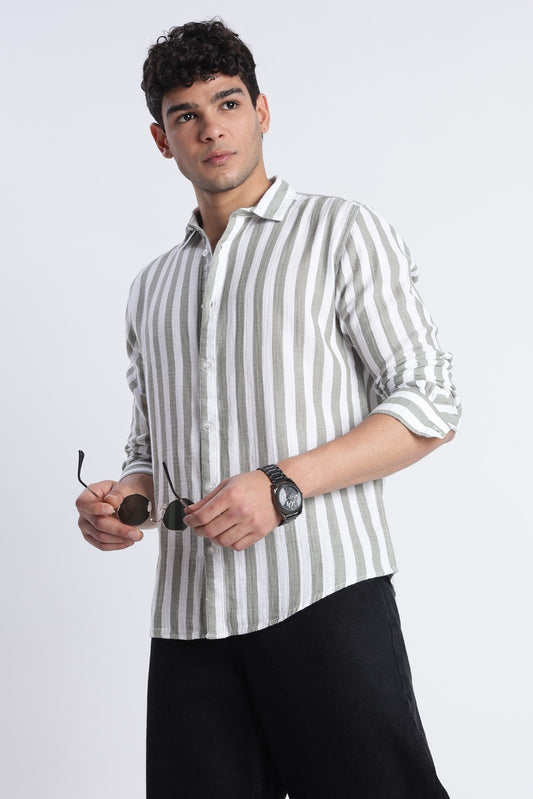 Sage Green Stripe Double Cloth Shirt