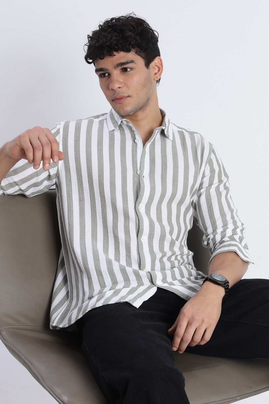 Sage Green Stripe Double Cloth Shirt