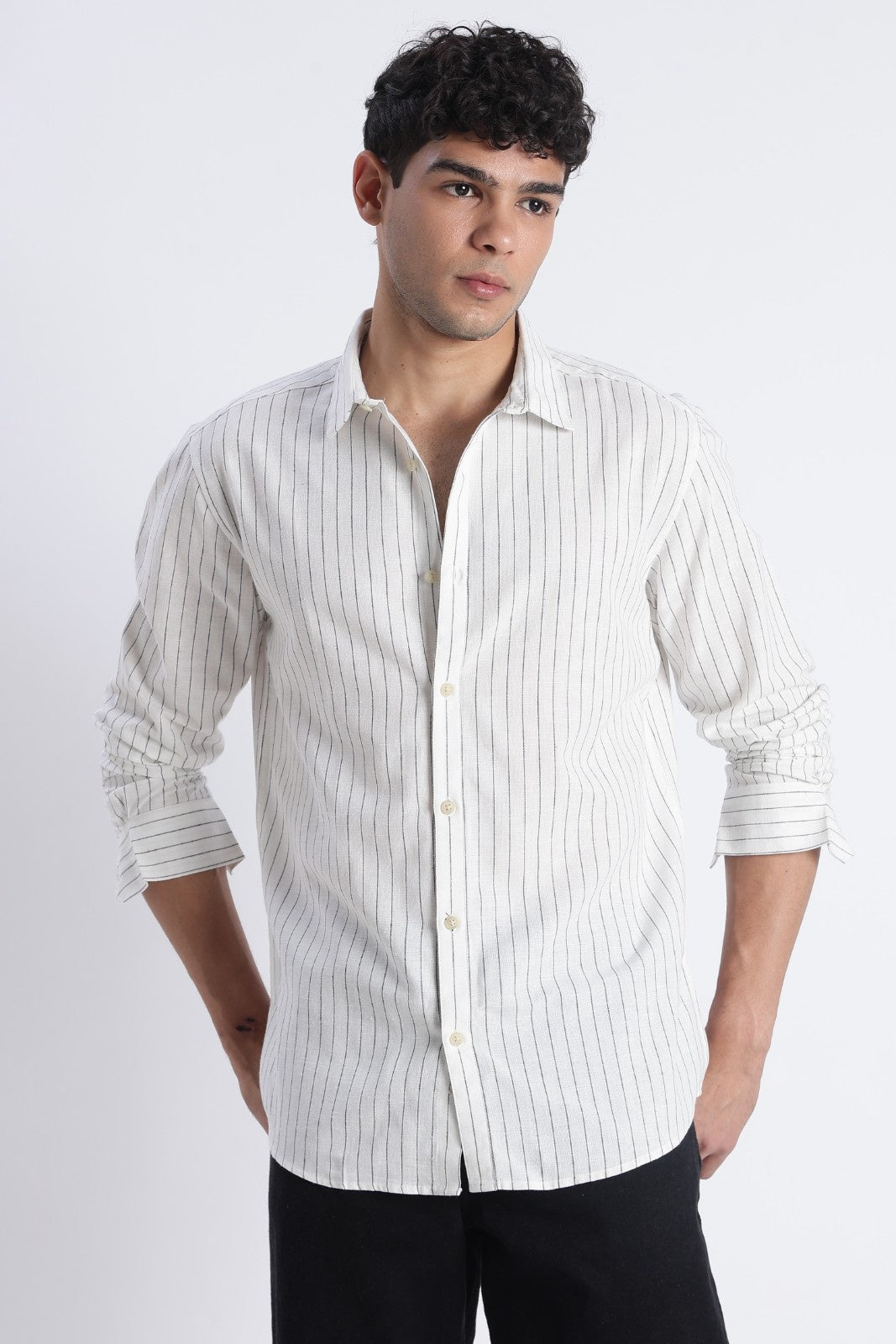 Soft White Pinstripe Linen Blend Shirt