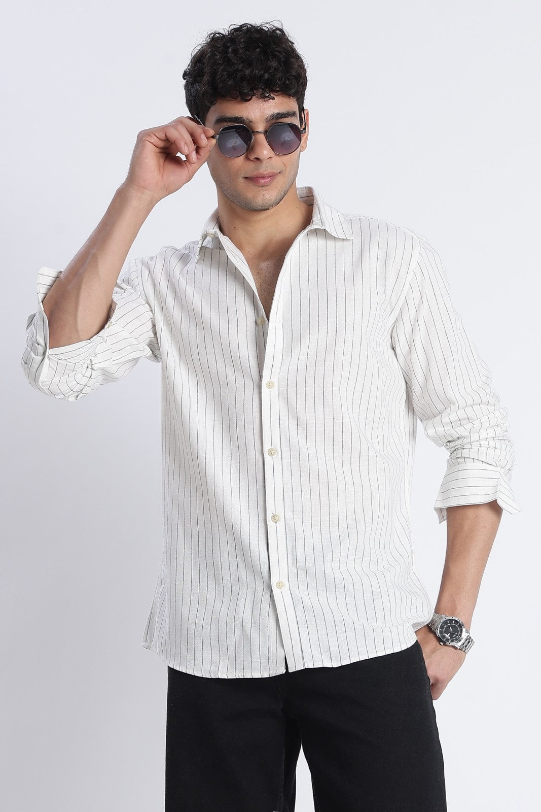 Soft White Pinstripe Linen Blend Shirt