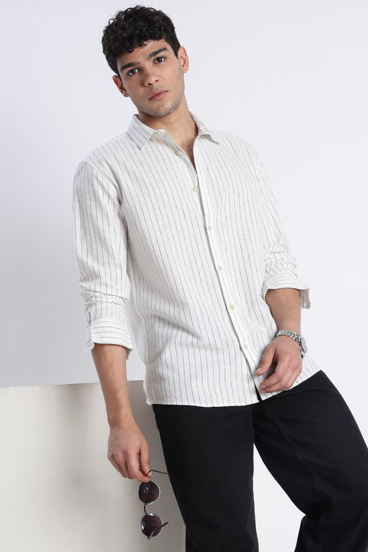 Soft White Pinstripe Linen Blend Shirt