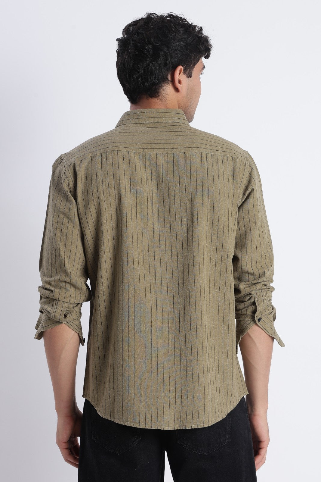 Dark Olive Pinstripe Linen Blend Shirt