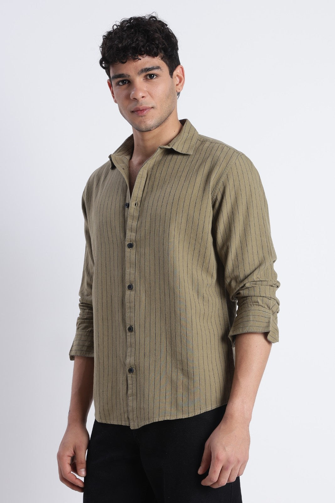 Dark Olive Pinstripe Linen Blend Shirt