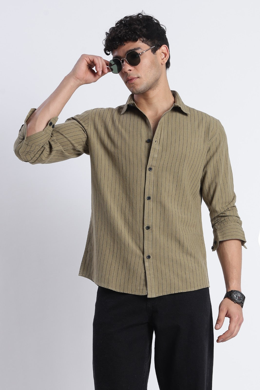 Dark Olive Pinstripe Linen Blend Shirt