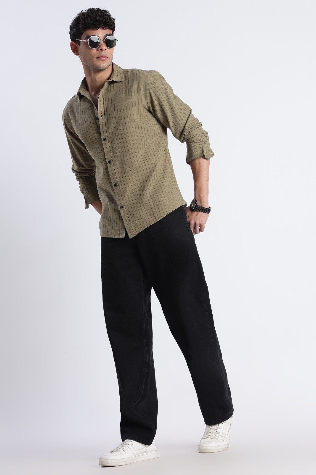 Dark Olive Pinstripe Linen Blend Shirt
