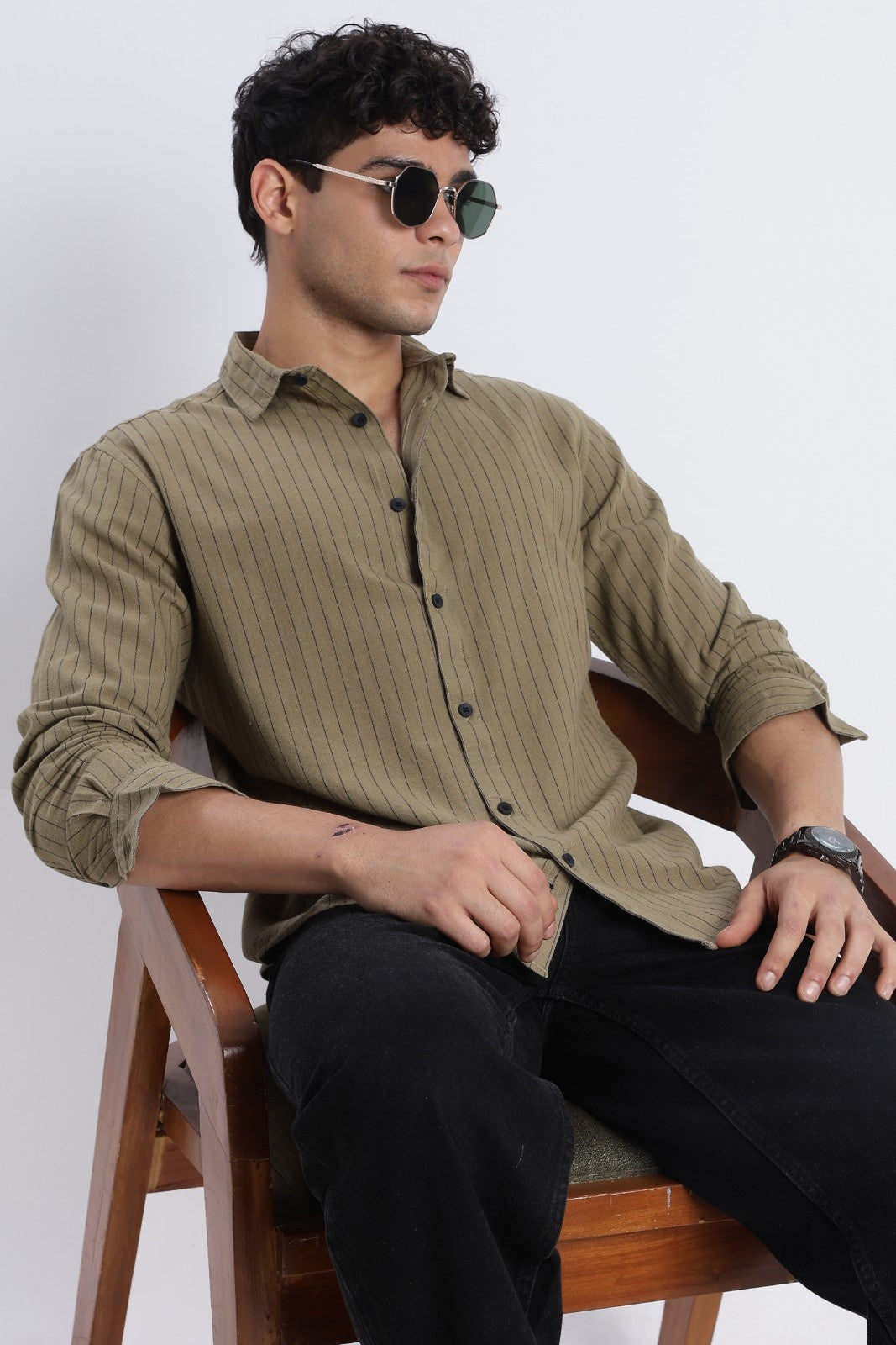 Dark Olive Pinstripe Linen Blend Shirt