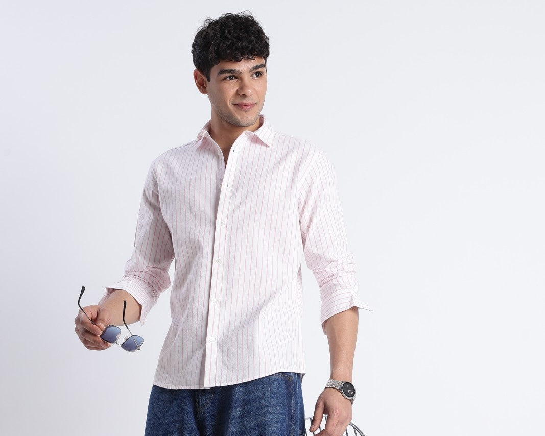 White Pink Oxford Stripe Casual Shirt