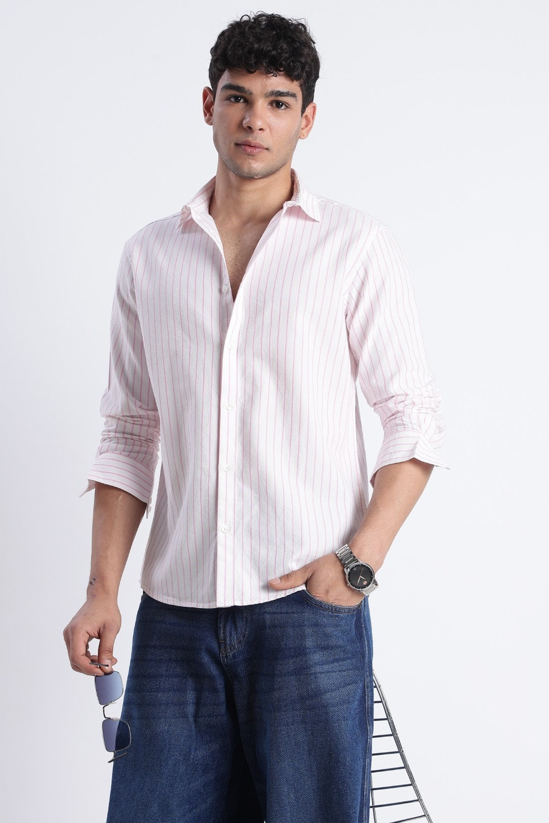 White Pink Oxford Stripe Casual Shirt