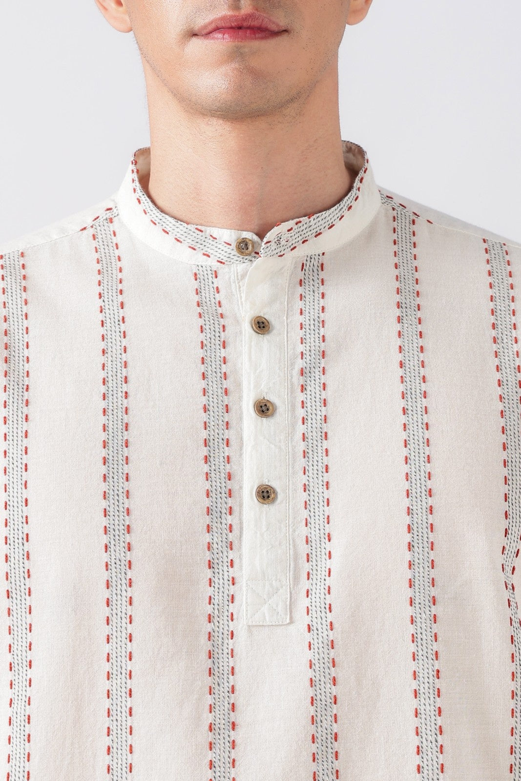 Chalk White Dobby Stripe Short Kurta