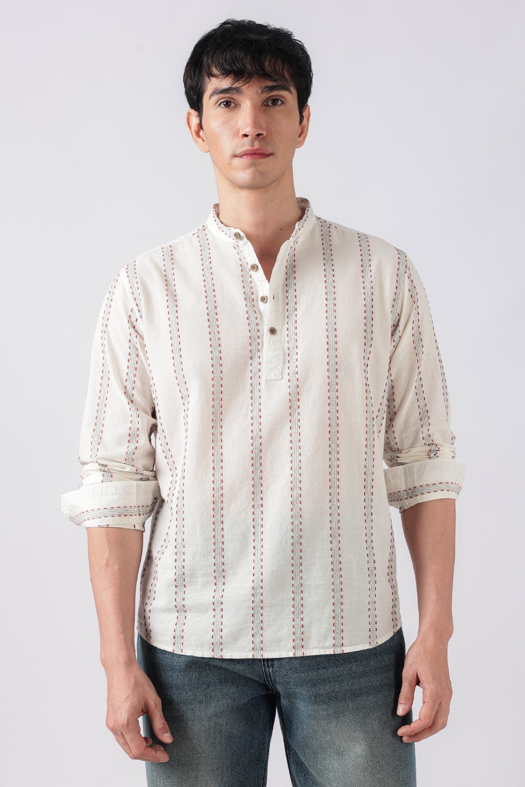 Chalk White Dobby Stripe Short Kurta