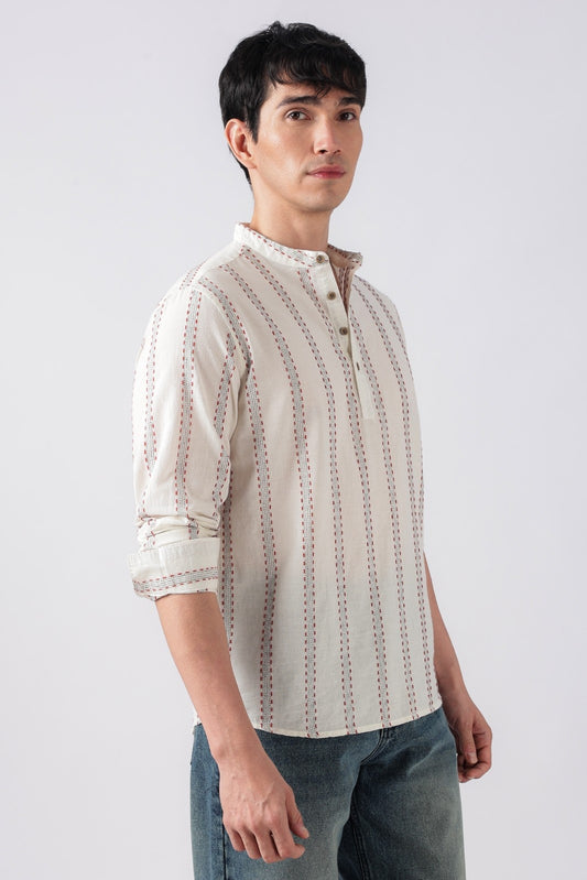 Chalk White Dobby Stripe Short Kurta