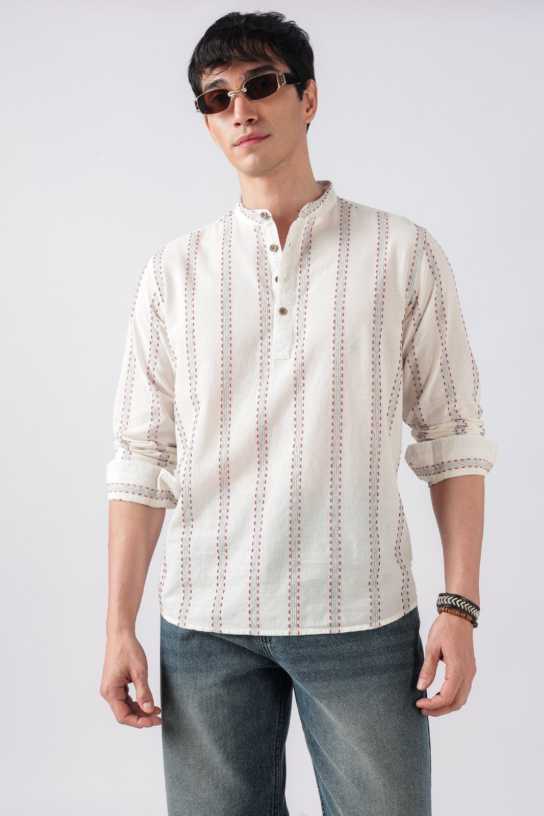 Chalk White Dobby Stripe Short Kurta