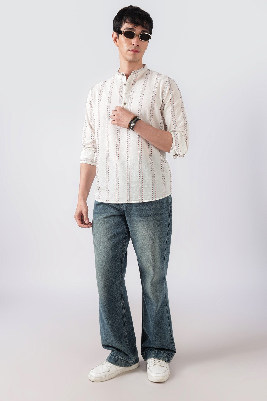 Chalk White Dobby Stripe Short Kurta