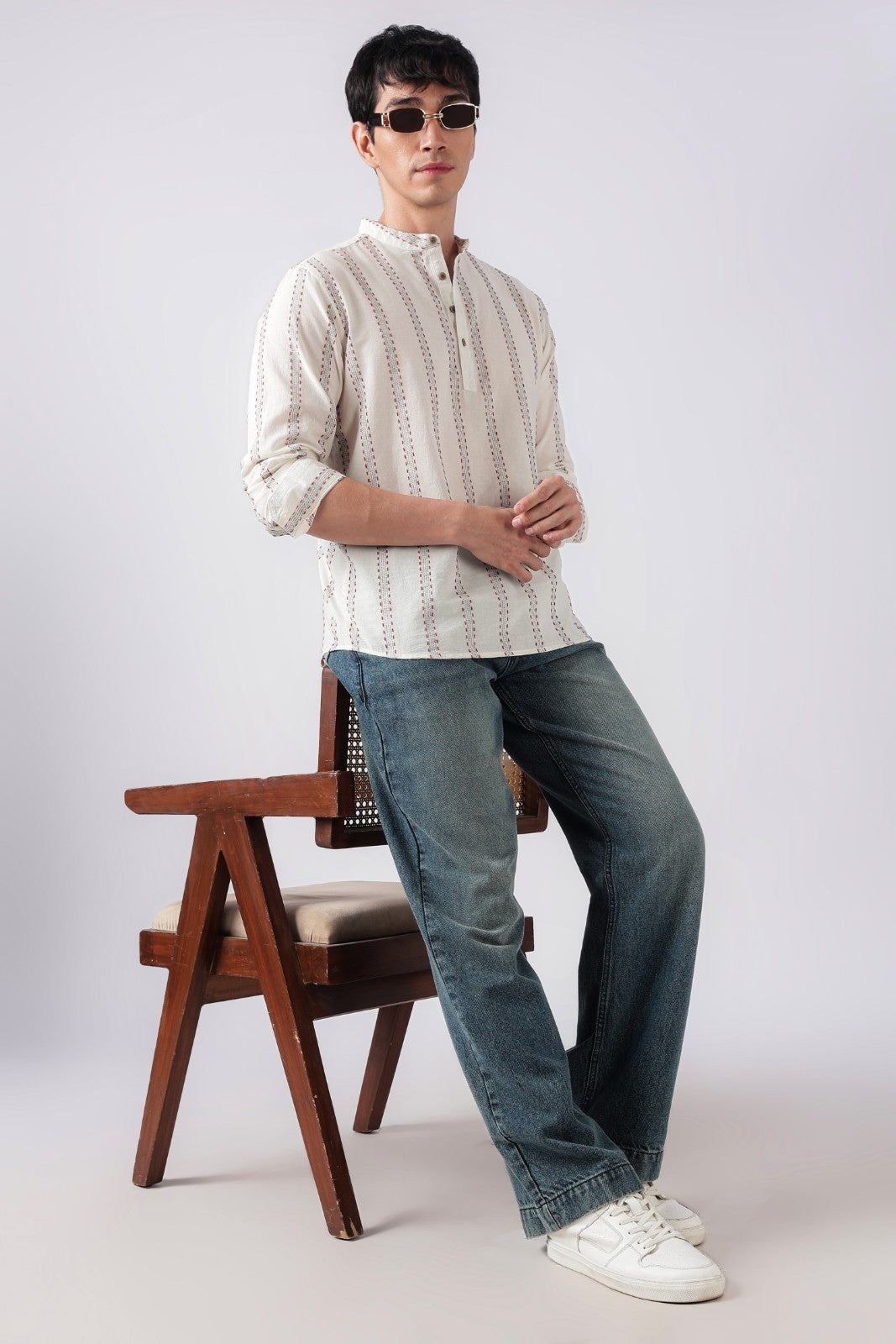 Chalk White Dobby Stripe Short Kurta