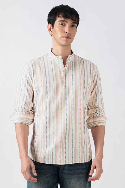 Ivory Orange Dobby Stripe Short Kurta