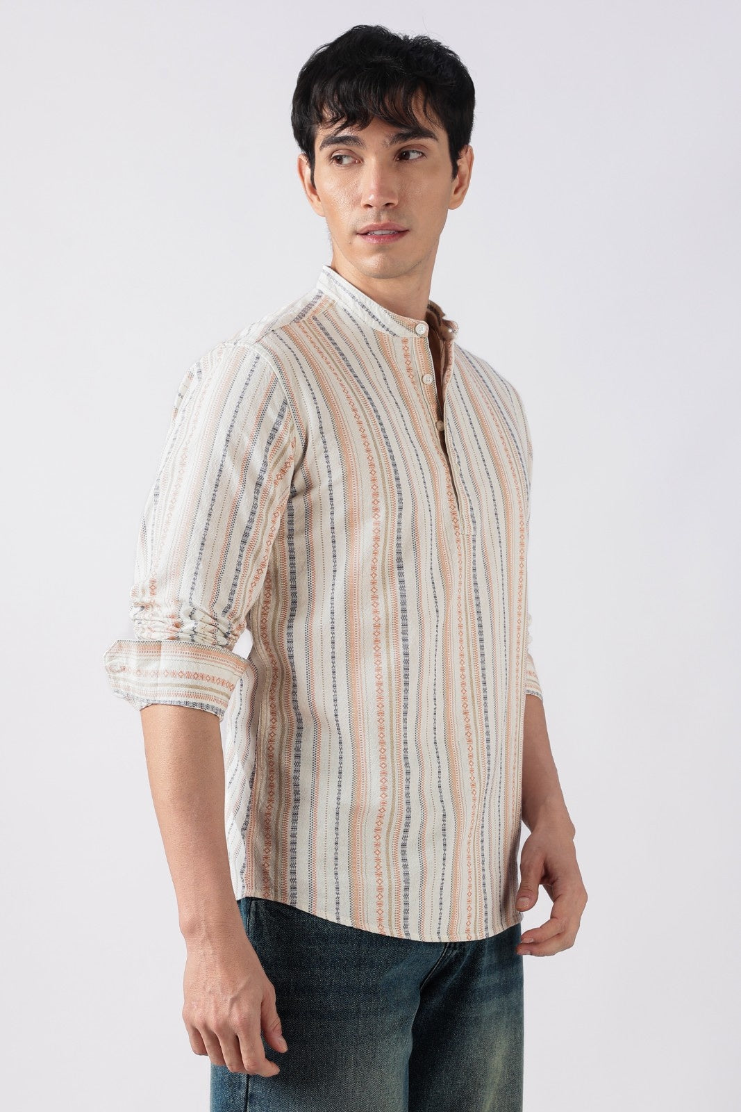 Ivory Orange Dobby Stripe Short Kurta