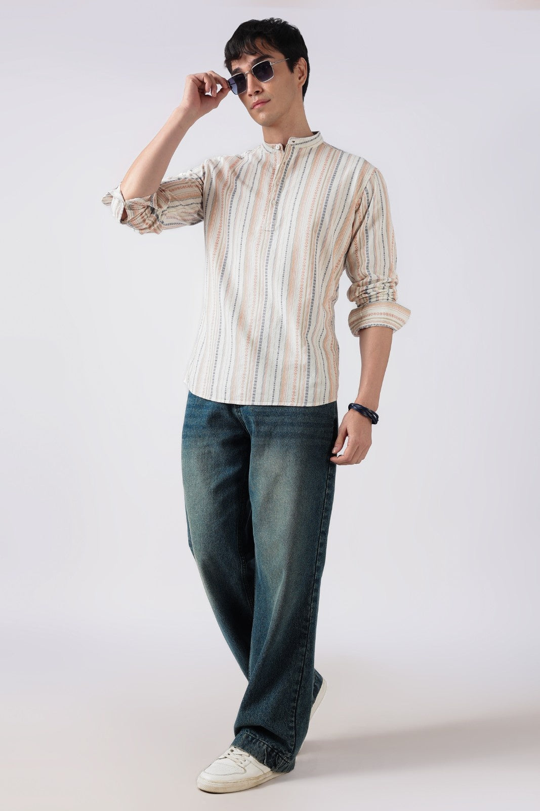 Ivory Orange Dobby Stripe Short Kurta
