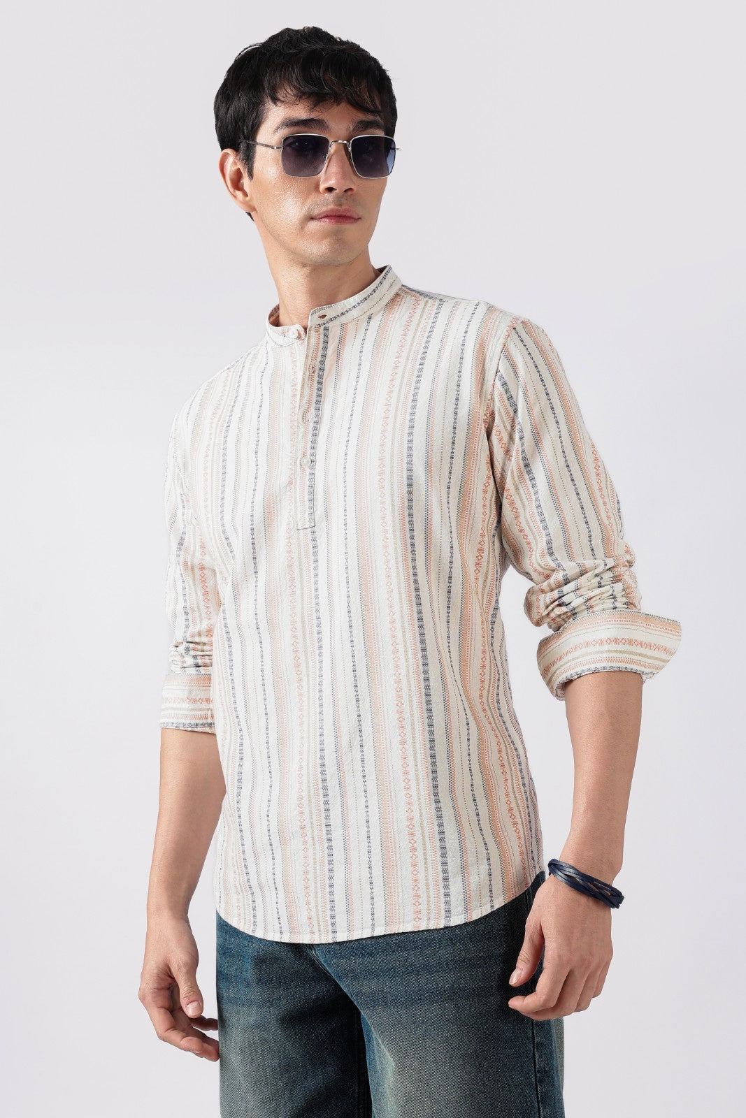 Ivory Orange Dobby Stripe Short Kurta