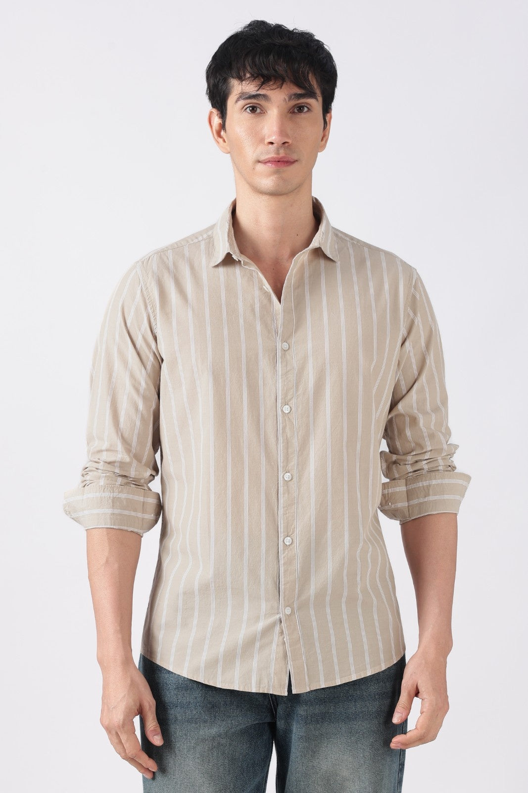 Beige Mist Subtle Stripe Cotton Shirt