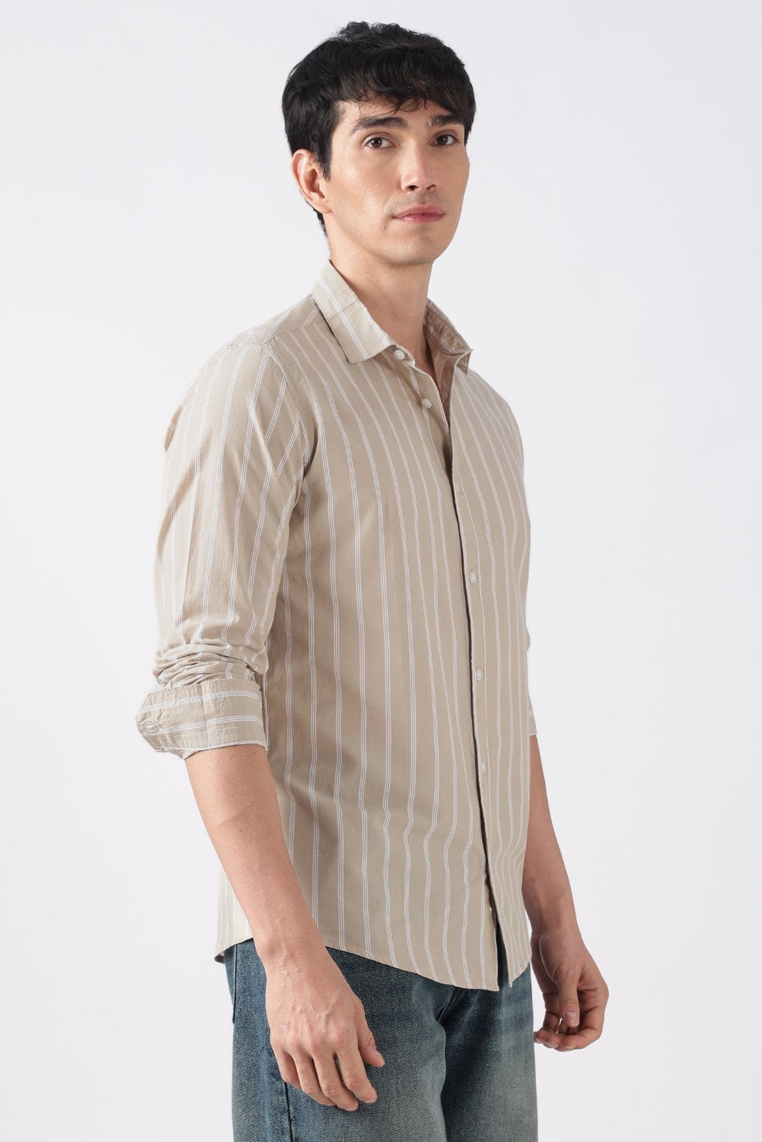 Beige Mist Subtle Stripe Cotton Shirt