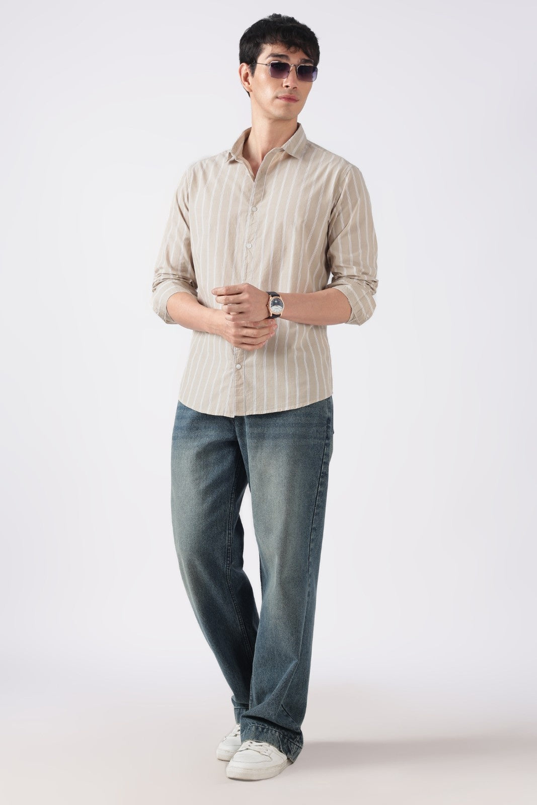 Beige Mist Subtle Stripe Cotton Shirt