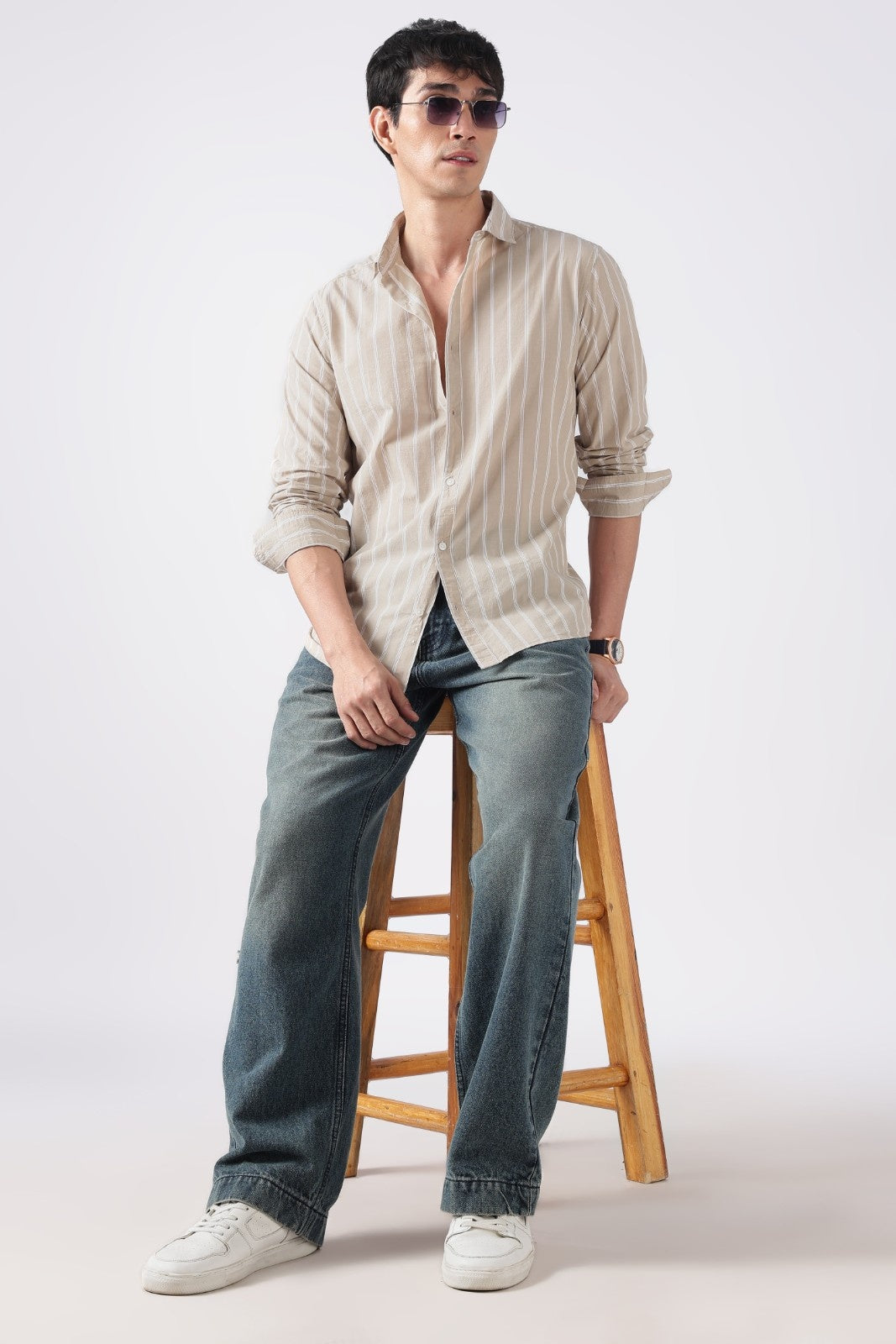 Beige Mist Subtle Stripe Cotton Shirt