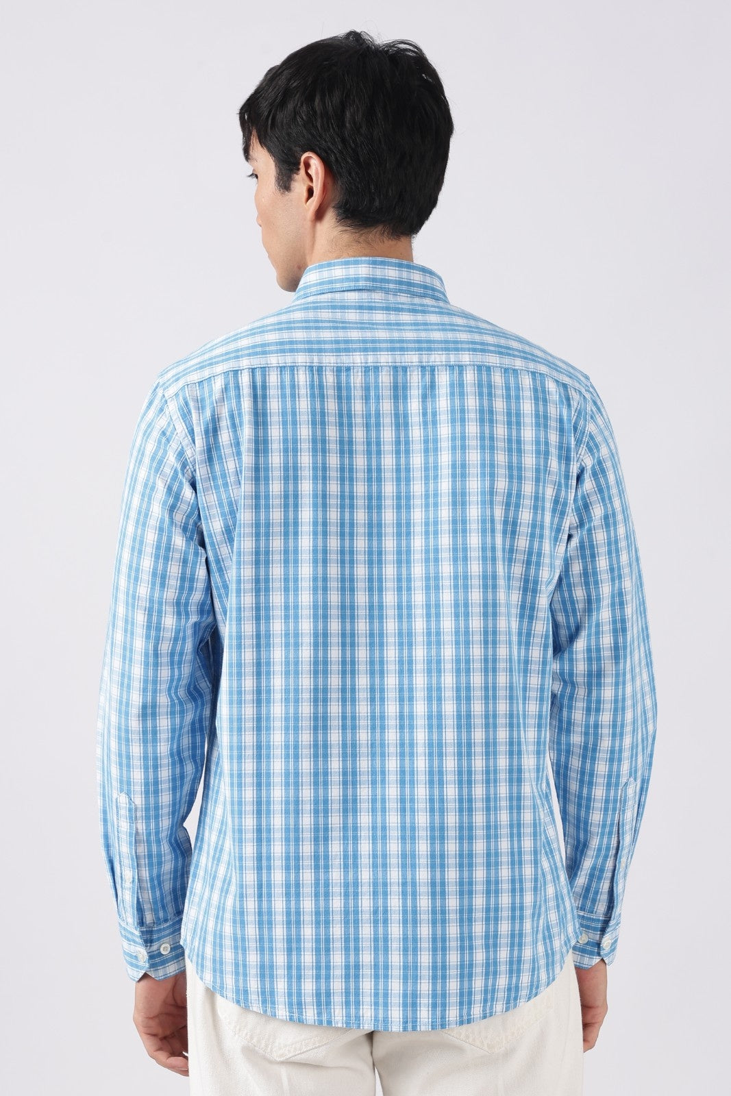 Sky Blue Check Cotton Casual Shirt