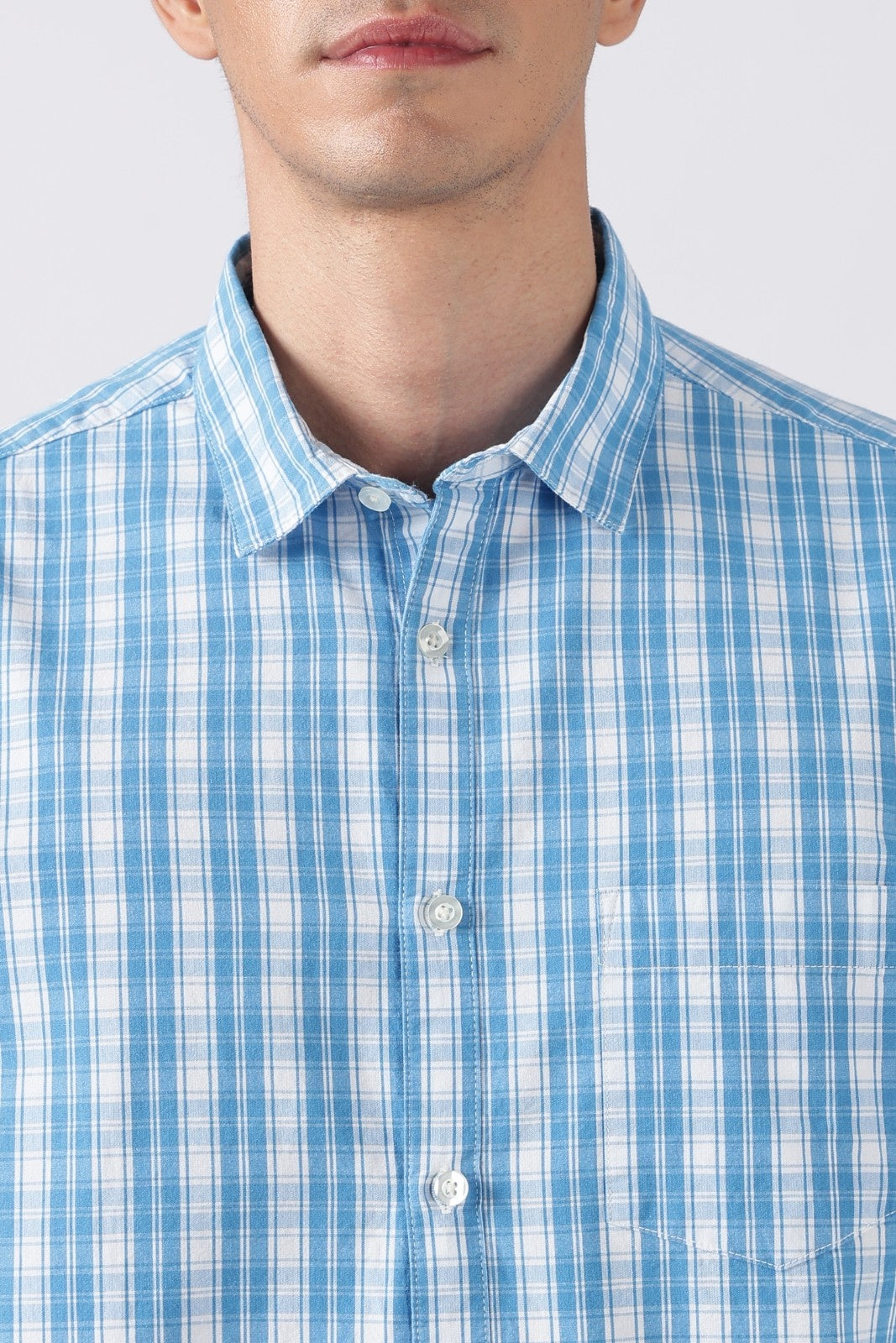 Sky Blue Check Cotton Casual Shirt