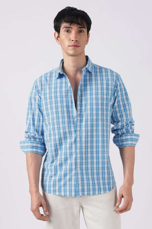 Sky Blue Check Cotton Casual Shirt