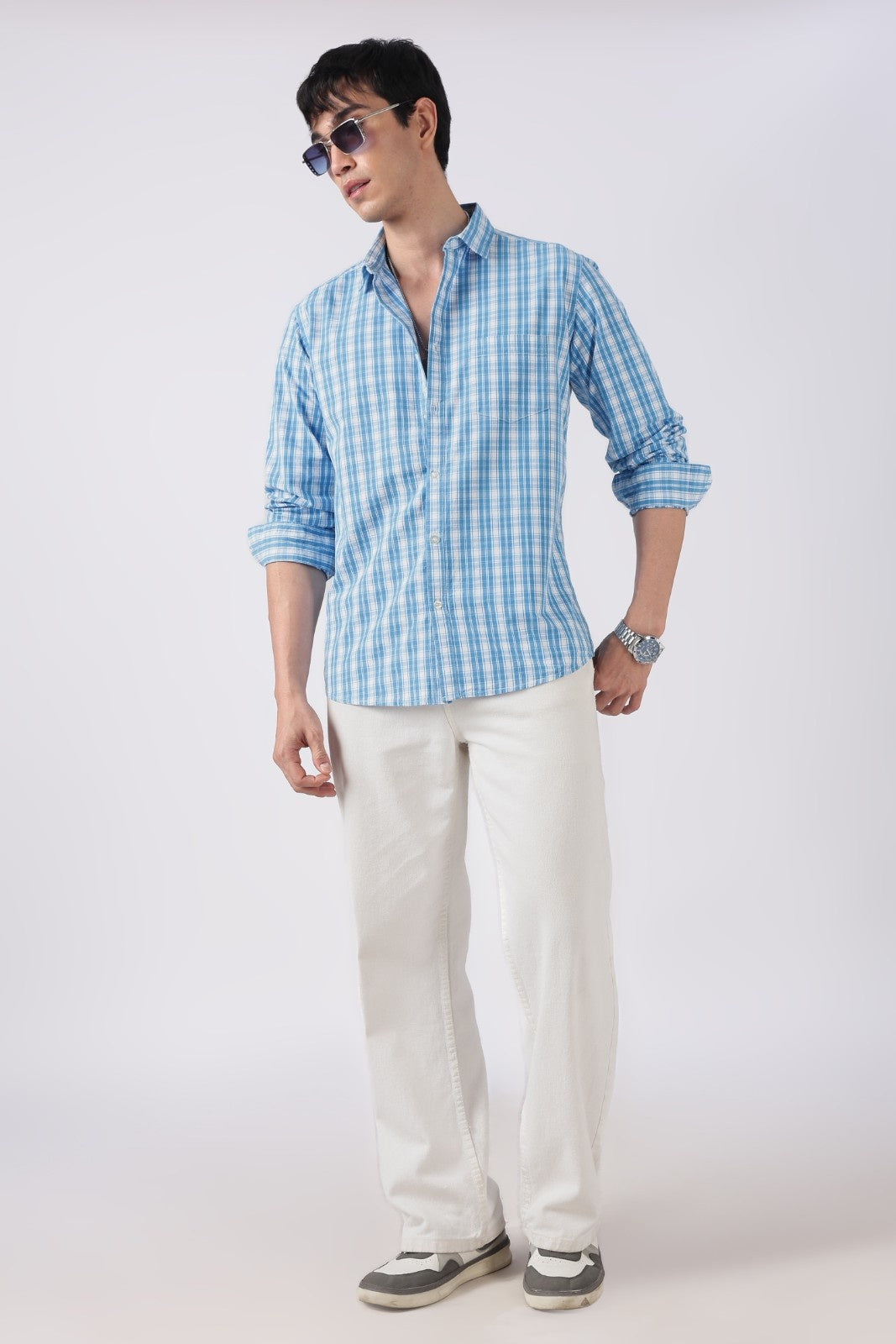 Sky Blue Check Cotton Casual Shirt