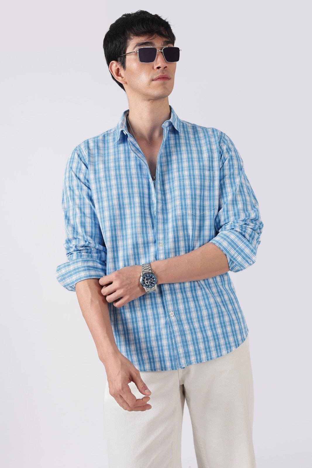 Sky Blue Check Cotton Casual Shirt