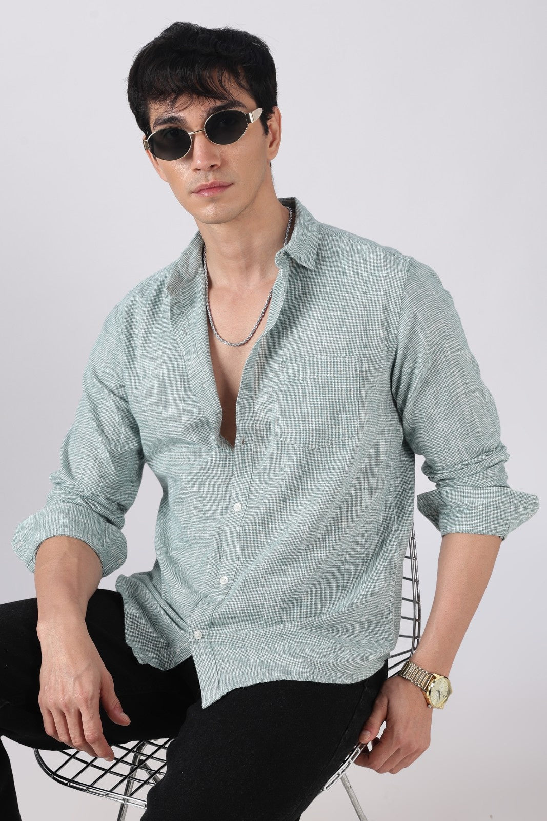 Forest Green Micro-Check Cotton Shirt