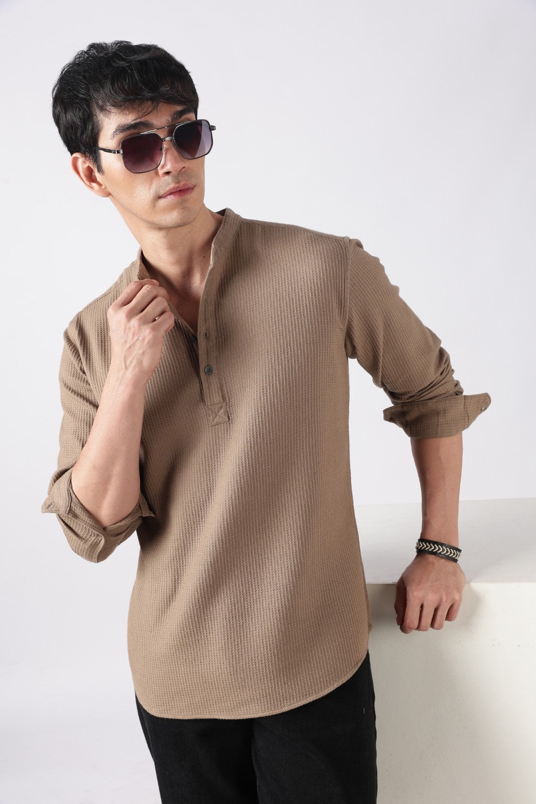 Muted Brown Waffle Textured Short Kurta