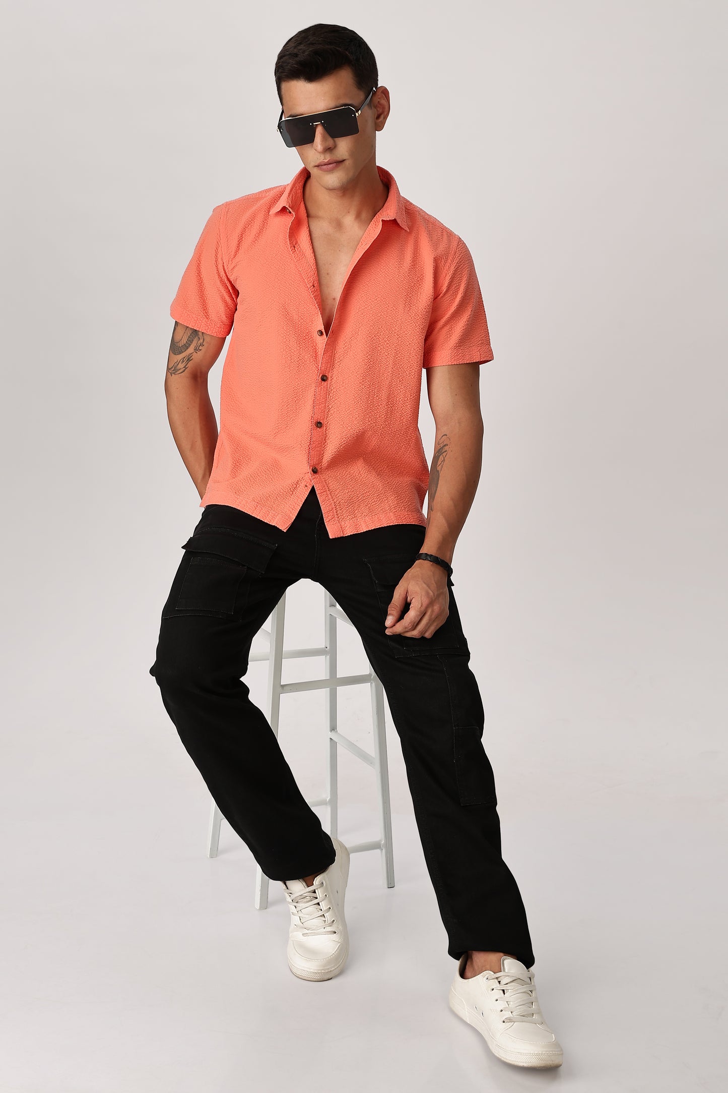 Uri Fluorescent Orange Seersucker Shirt