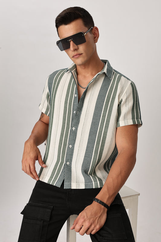 Uri Off White and Green Textured Stripe Shirt