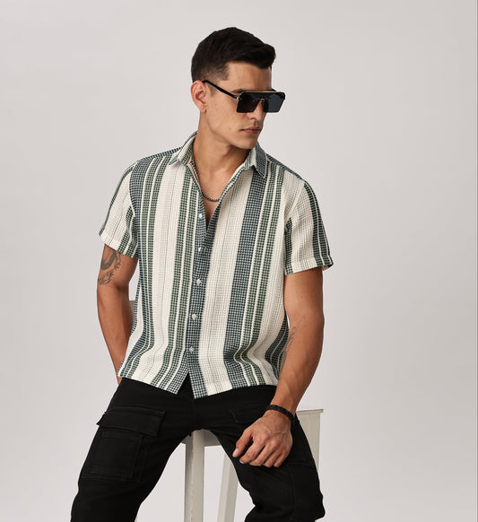 Uri Off White and Green Textured Stripe Shirt