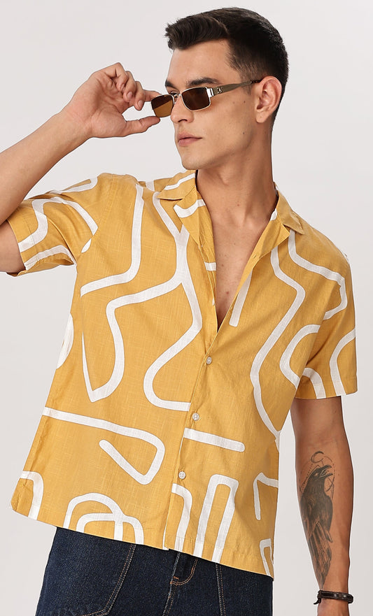 Uri Mustard Abstract Printed Cotton Shirt