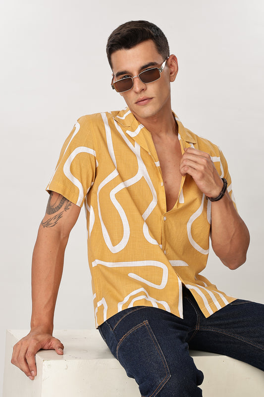 Uri Mustard Abstract Printed Cotton Shirt
