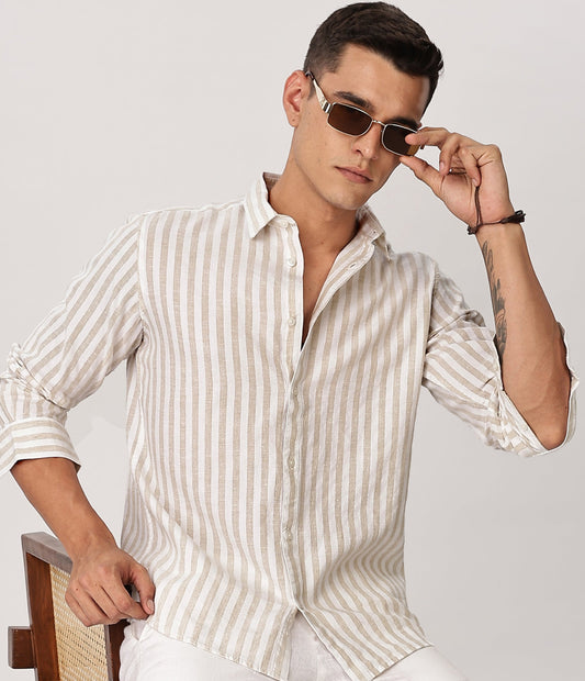 Uri Sand Striped Linen Blend Shirt