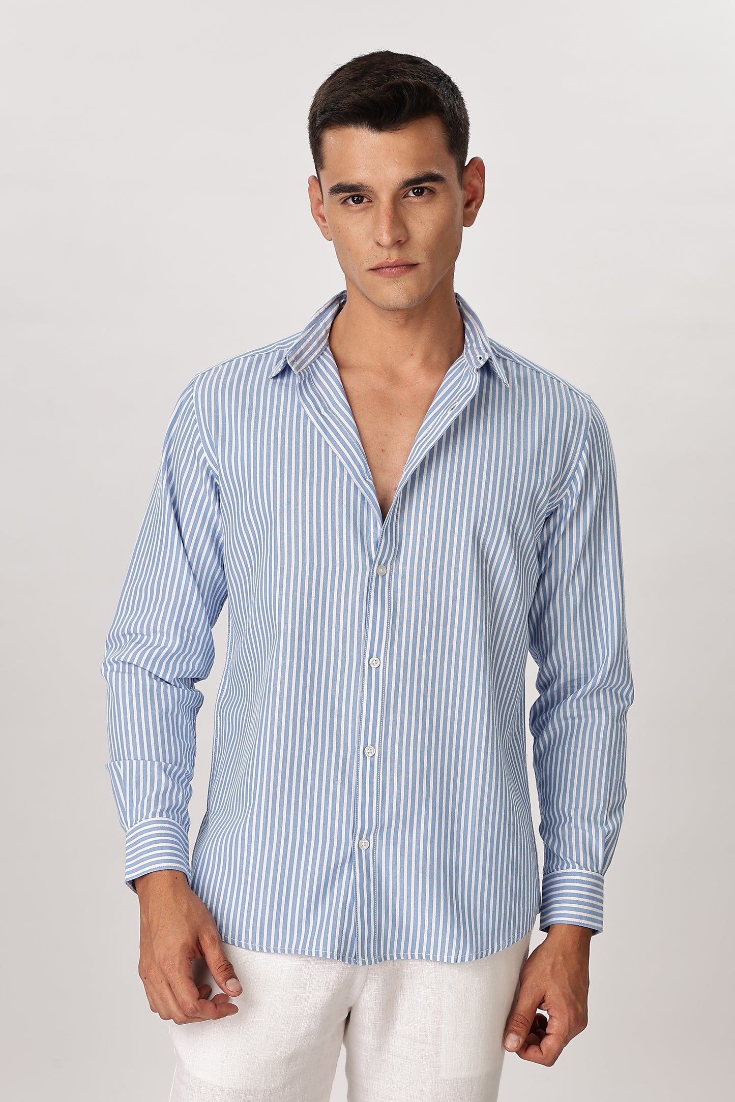 Uri Men Ocean Blue Pinstripe Cotton Shirt