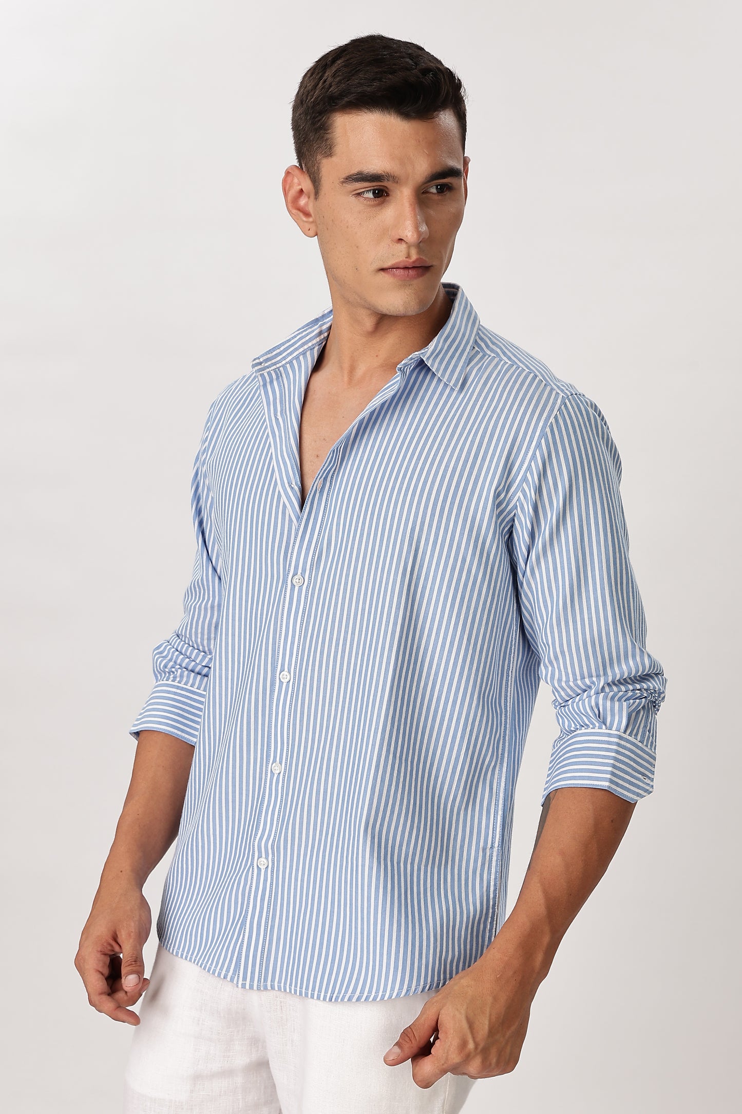 Uri Men Ocean Blue Pinstripe Cotton Shirt
