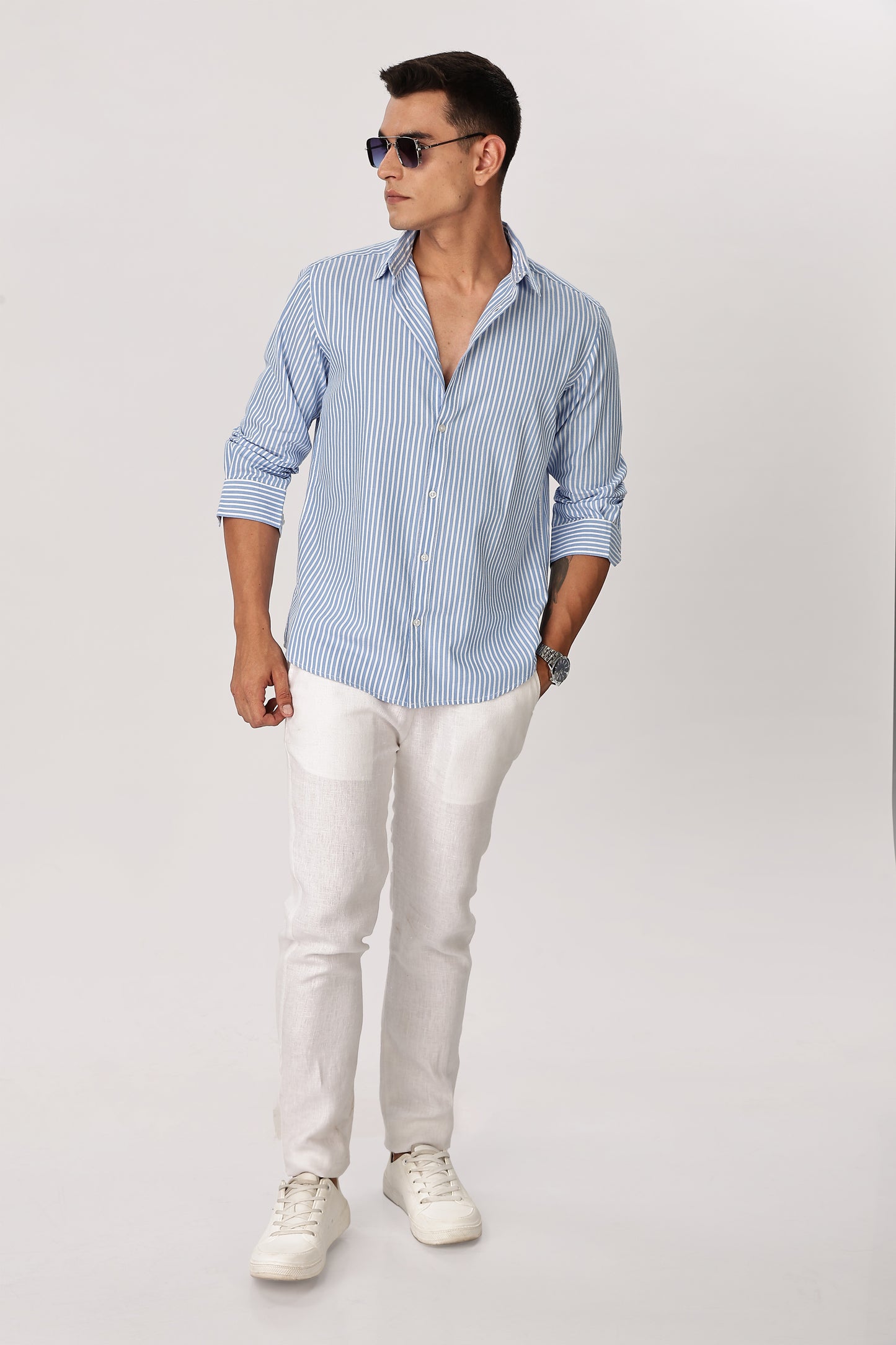 Uri Men Ocean Blue Pinstripe Cotton Shirt