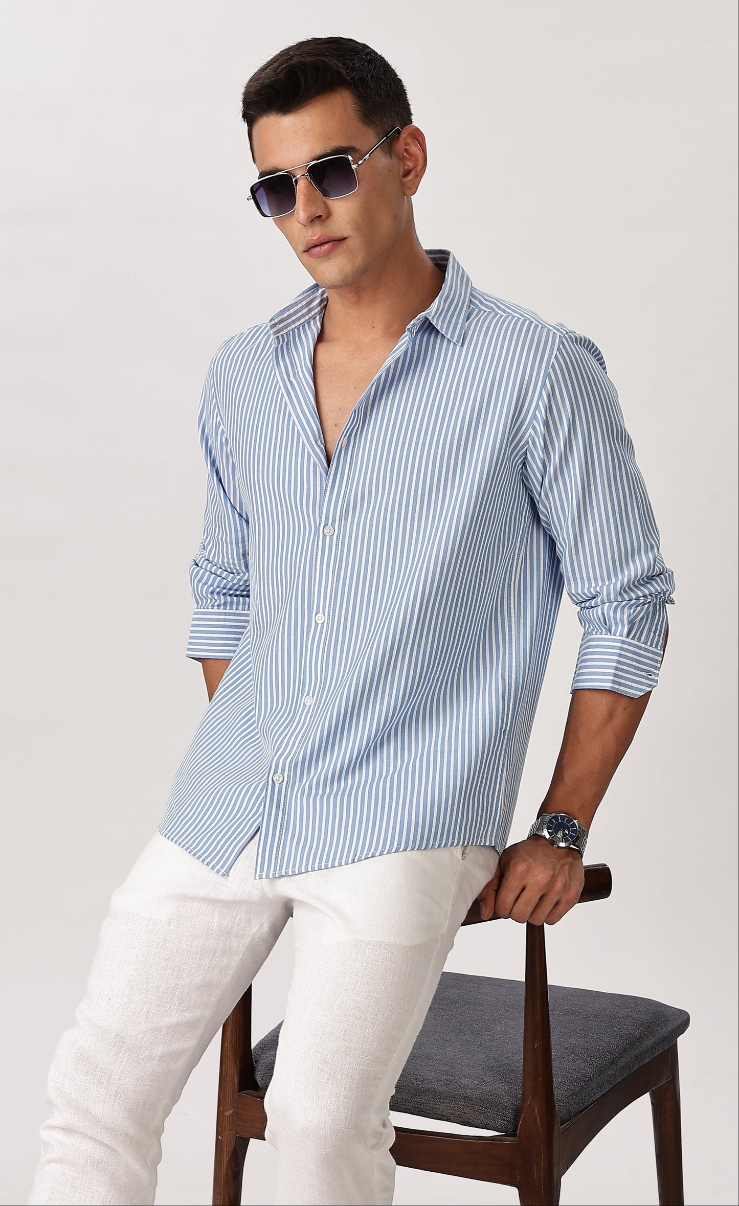 Uri Men Ocean Blue Pinstripe Cotton Shirt