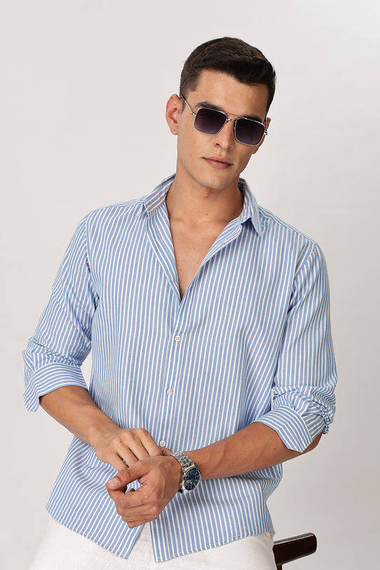 Uri Men Ocean Blue Pinstripe Cotton Shirt