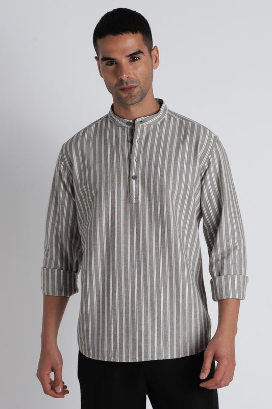 Ash Brown Pinstripe Short Kurta