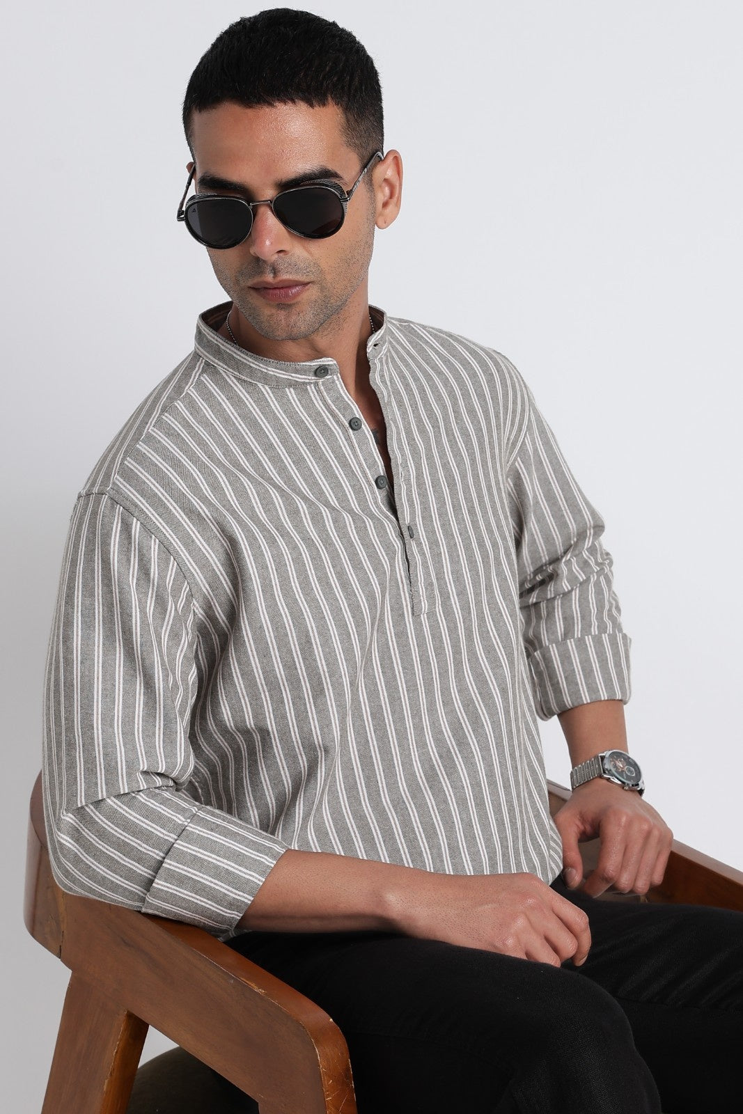 Ash Brown Pinstripe Short Kurta