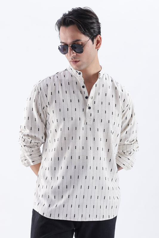 Uri Cream & Black Dobby Linen Blend Short Kurta