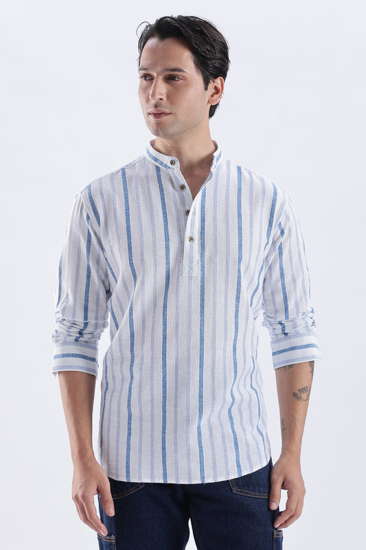 Uri Blue Striped Cotton Linen Short Kurta