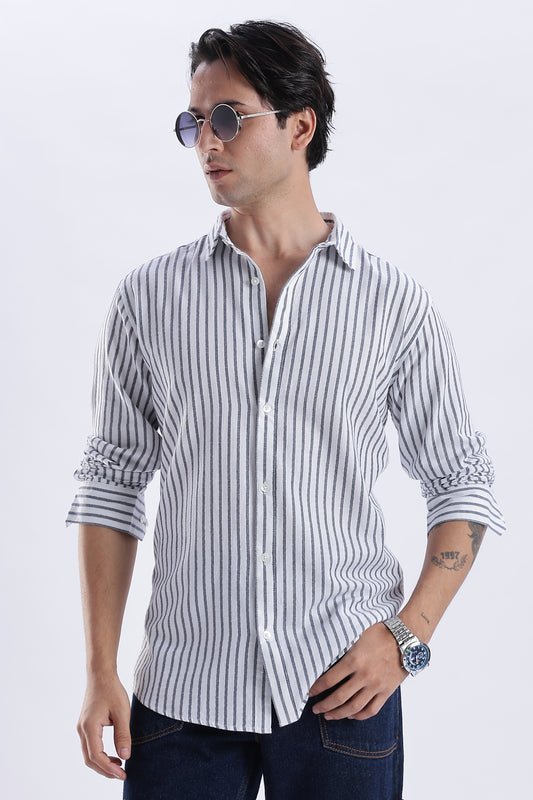 Uri White & Navy Vertical Striped Cotton Shirt